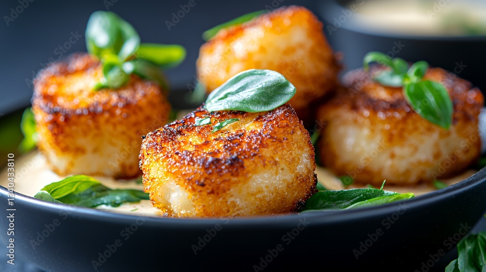 Gourmet Crispy Scallops Served with Fresh Basil and Creamy Sauce Gourmet Crispy Scallops Served with Fresh Basil and Creamy Sauce