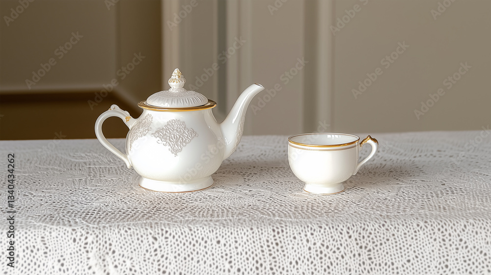Fototapeta premium Tea Set with Gold Accents on a Lace Tablecloth