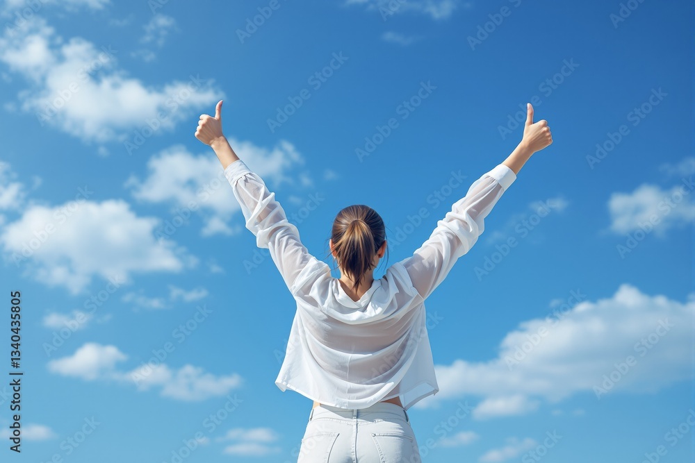 Woman raising arms in victory against blue sky with clouds. Woman raising arms in victory against blue sky with clouds.