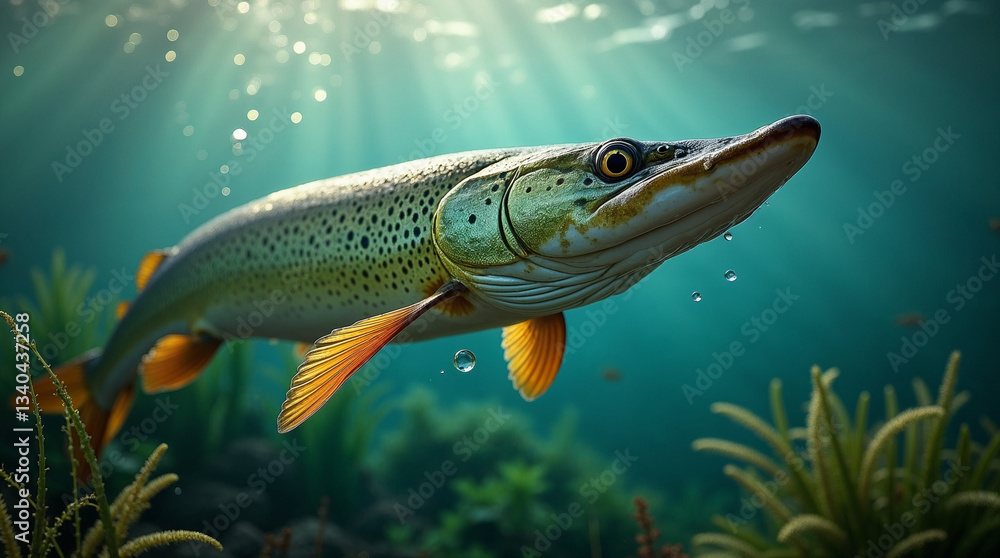 Fototapeta premium Pike swimming gracefully underwater with sunlight rays filtering through in a vibrant aquatic scene 