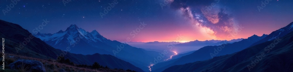 Fototapeta premium Shiny Starfield Over Mountain Landscape at Night, stars, galaxy, starfield