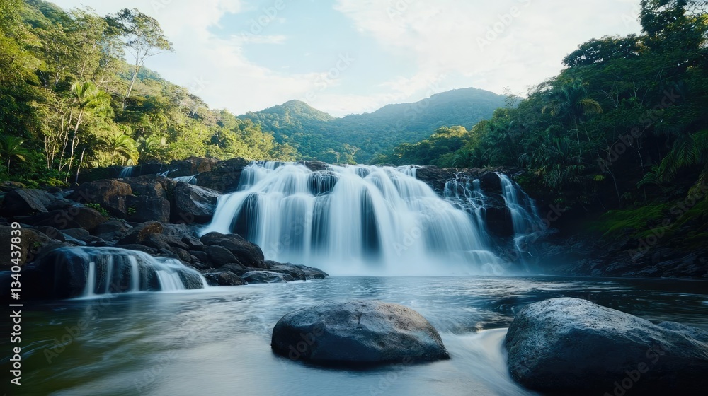 Fototapeta premium Waterfall landscape idea. A stunning waterfall cascading through lush green mountains under a clear blue sky.