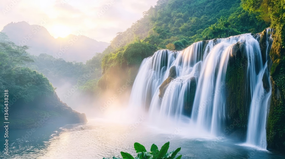 Fototapeta premium Waterfall landscape idea. Breathtaking waterfall cascading through lush greenery under a serene sky.