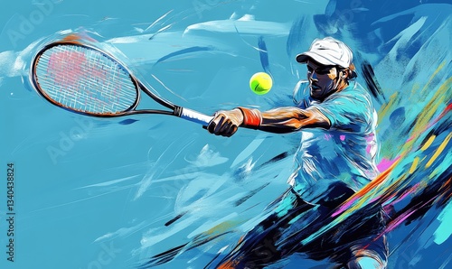 Dynamic tennis player in action. Vivid colors and brushstrokes depict a powerful serve