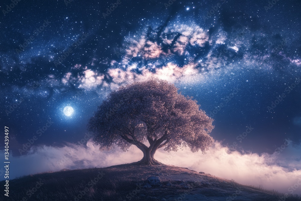 An old tree stands alone on a quiet hillside. The light from the full moon and the thin mist float around it, while the Milky Way stretches as far as the eye can see across the sky. An old tree stands alone on a quiet hillside. The light from the full moon and the thin mist float around it, while the Milky Way stretches as far as the eye can see across the sky.