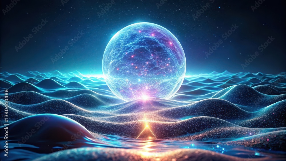 Glowing neon energy sphere floating amidst shimmering waves on a dark canvas, dynamic, energy, dynamic, energy, cosmos Glowing neon energy sphere floating amidst shimmering waves on a dark canvas, dynamic, energy, dynamic, energy, cosmos