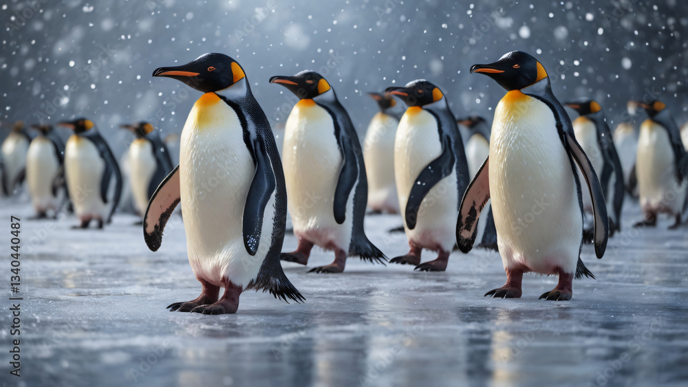 Fototapeta premium Penguins on Ice – Capture a group of penguins waddling on an icy landscape, with snowflakes falling gently around them for a winter wonderland effect.