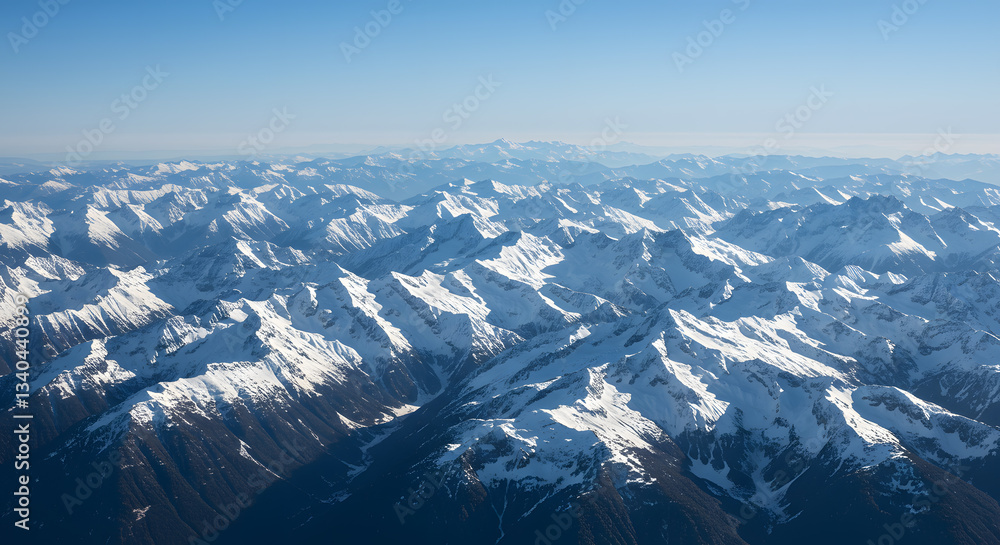Obraz premium Snowy Mountain Peaks Stretching to Horizon on Clear Day Aerial View