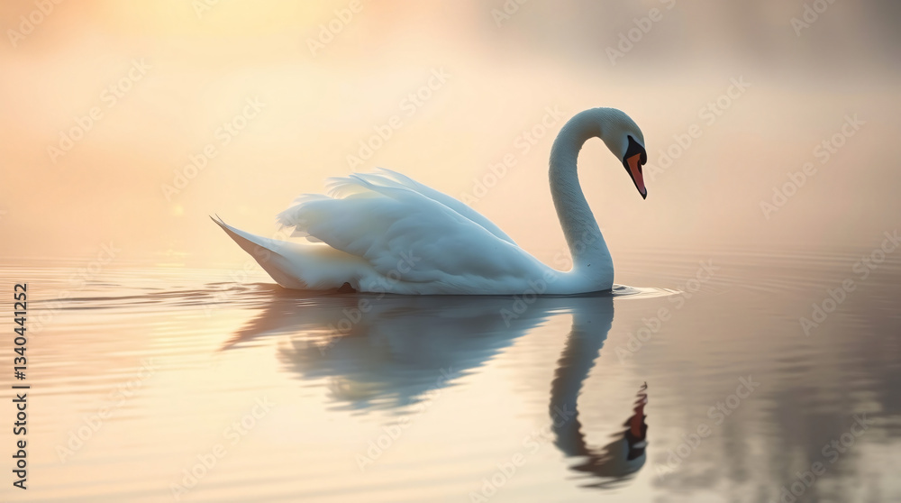 Fototapeta premium A majestic swan, its snowy-white feathers glistening with dew, glides effortlessly across the glassy surface of a serene lake, surrounded by a veil of soft, ethereal mist 