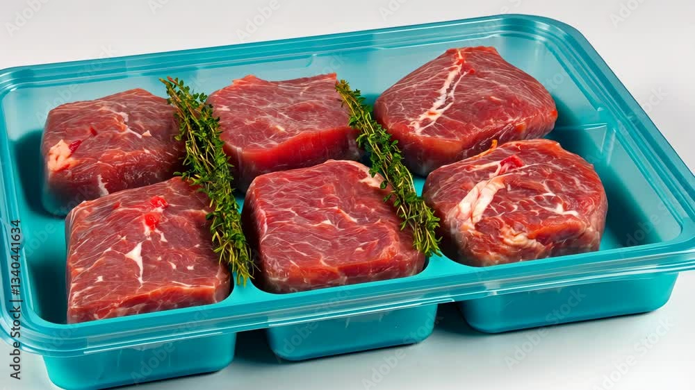 Fresh cuts of beef arranged neatly in a blue plastic tray with herbs for seasoning Fresh cuts of beef arranged neatly in a blue plastic tray with herbs for seasoning