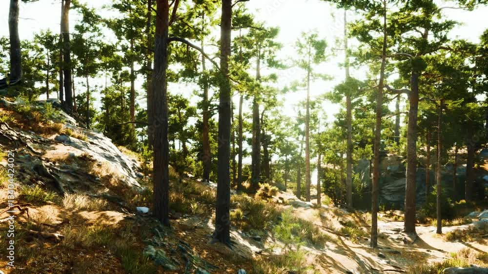 Tall trees stand proudly in a peaceful forest, with sunlight streaming through their leaves. The natural scene showcases rocky terrain, creating a tranquil atmosphere in the woods. Tall trees stand proudly in a peaceful forest, with sunlight streaming through their leaves. The natural scene showcases rocky terrain, creating a tranquil atmosphere in the woods.