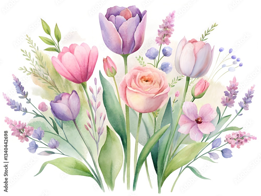 Fototapeta premium watercolor artwork illustration Vibrant pink tulips and mixed blooms, a fresh bouquet on white