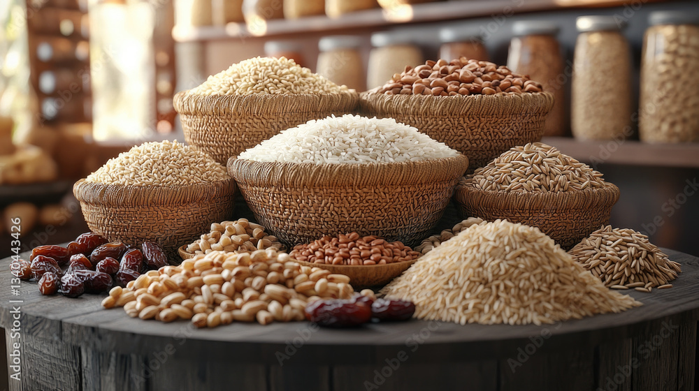 vibrant display of various grains and legumes woven baskets, showcasing rich assortment of textures and colors, evoking sense of abundance and vibrant display of various grains and legumes woven baskets, showcasing rich assortment of textures and colors, evoking sense of abundance and