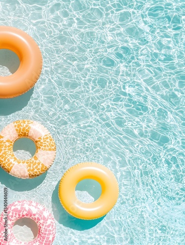 Colorful pool floats in crystal-clear water summer vibes aerial view refreshing environment relaxation concept