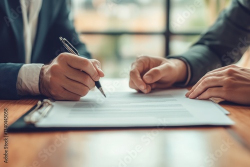 A close-up of an office setting where two business partners are about to finalize a contract with their hands on the paper.