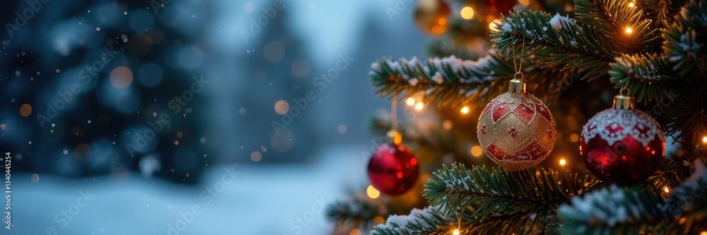 Sparkling Christmas tree with glittering ornaments and soft glowing lights amidst a blurred snowy background, Blurred Lights, Baubles Sparkling Christmas tree with glittering ornaments and soft glowing lights amidst a blurred snowy background, Blurred Lights, Baubles