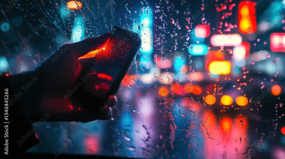 Obraz premium Closeup of hand holding smartphone with white mockup on screen,black mobile phone in hands with blank desktop screen while car driving,Mockup image,Copyspace for text.