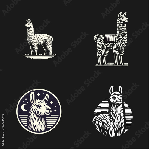 Llama alpaca engrave logo icon design illustration