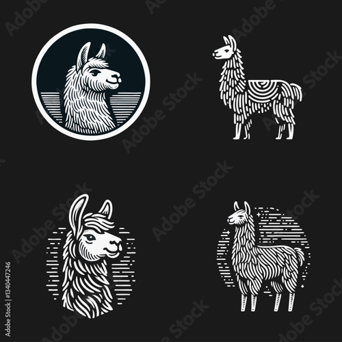 Llama alpaca engrave logo icon design illustration
