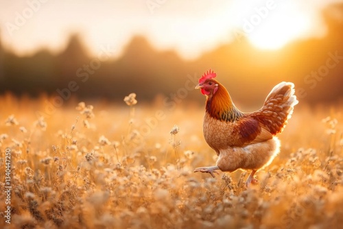 A free-range chicken running playfully across a field, capturing the energy and liveliness of a poultry farm