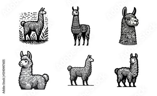 Llama alpaca engrave logo icon design illustration