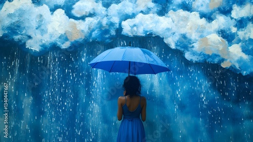 Woman in blue dress holds umbrella against painted rain