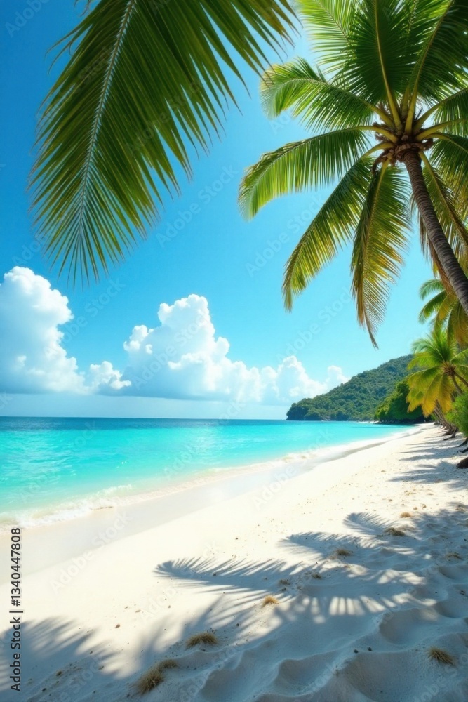 Fototapeta premium Sunny day at the beach with palm trees and turquoise water, vintage, ocean