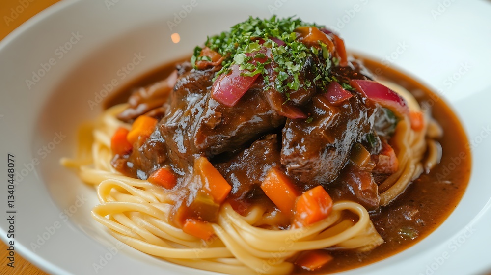 Braised beef shank over linguini pasta with a mixed vegetable gravy Braised beef shank over linguini pasta with a mixed vegetable gravy