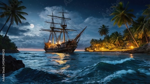 Pirate ship at night, moonlight, tropical island, calm sea, adventure, stock photo