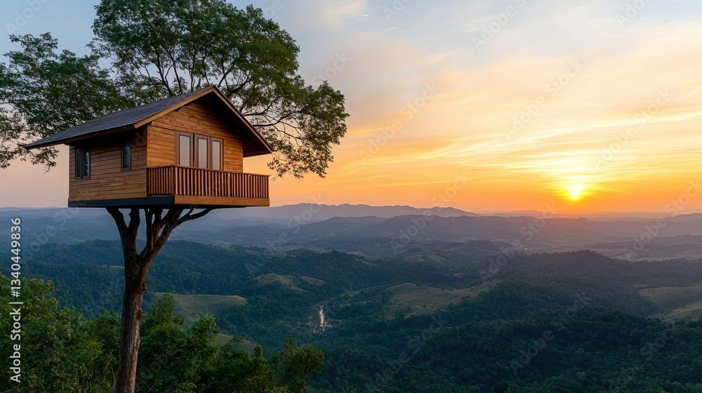 Treehouse in the woods landscapes concept. A scenic treehouse perched atop a hill overlooking a vibrant sunset landscape. Treehouse in the woods landscapes concept. A scenic treehouse perched atop a hill overlooking a vibrant sunset landscape.