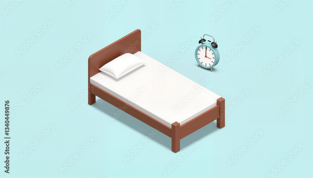 Bed with alarm clock in a minimalist style against a pastel background Bed with alarm clock in a minimalist style against a pastel background