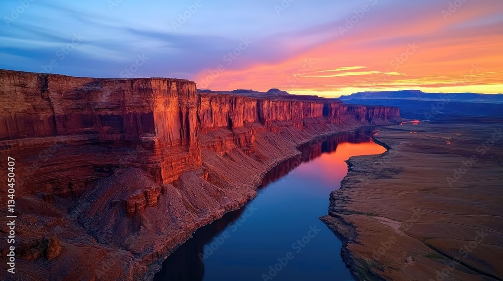 Fototapeta premium Mountain range landscapes idea. Vibrant sunset over majestic cliffs reflecting in tranquil river waters.