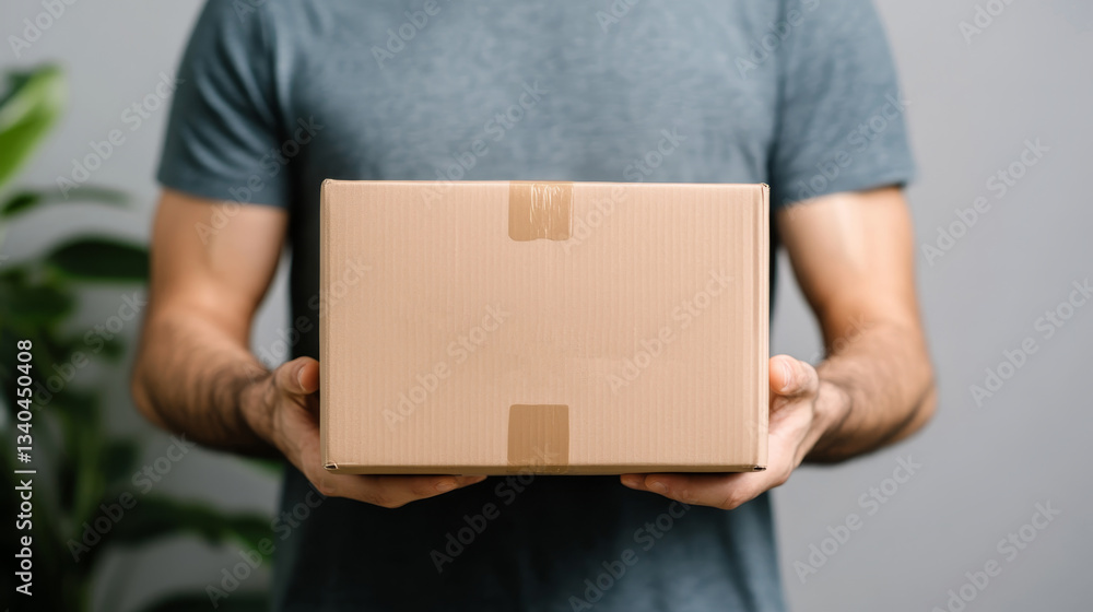 Delivery person holding a brown cardboard box in front of a green plant indoors during daytime Delivery person holding a brown cardboard box in front of a green plant indoors during daytime