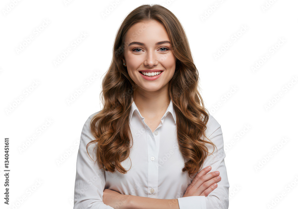 Portrait of a smiling woman with long wavy brown hair and white shirt Portrait of a smiling woman with long wavy brown hair and white shirt