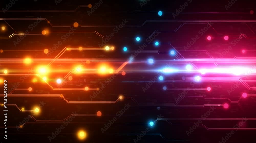 technological background with moving microcircuits and neural networks. Beautiful neon background with vibrating colors.