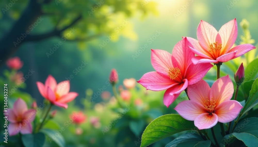 Obraz premium Vibrant watercolor blooms in lush garden setting, garden design, garden