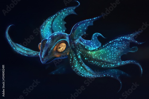 A vampire squid extending its bioluminescent arms in total darkness, its glowing appendages illuminating the mysterious depths of the ocean
