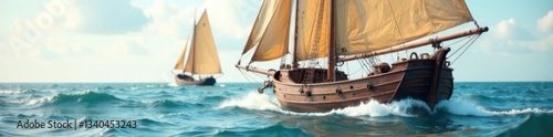 Vintage wooden boat sailboats gently swaying in ocean waves, sailing, vintage