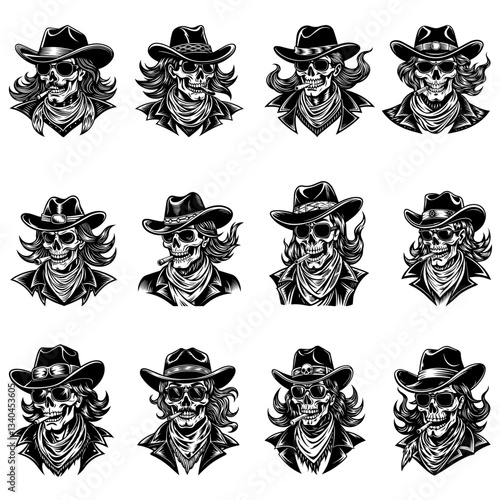 "Skull Cowboy Vector Set - Wild West Outlaw Illustrations"
