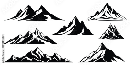 Silhouette mountain range isolated on white background, vector design set