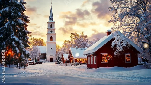 Winter sunset in a snowy village with a church and cozy homes, capturing the charm of the season