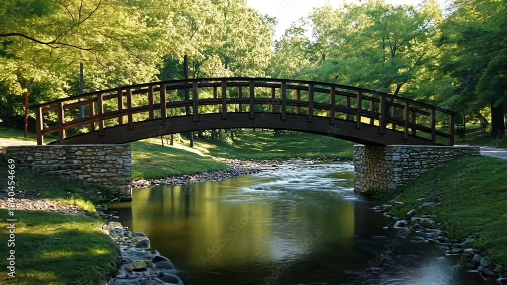 Charming wooden arch bridge crossing gentle stream in park. Tranquil scenery concept Charming wooden arch bridge crossing gentle stream in park. Tranquil scenery concept