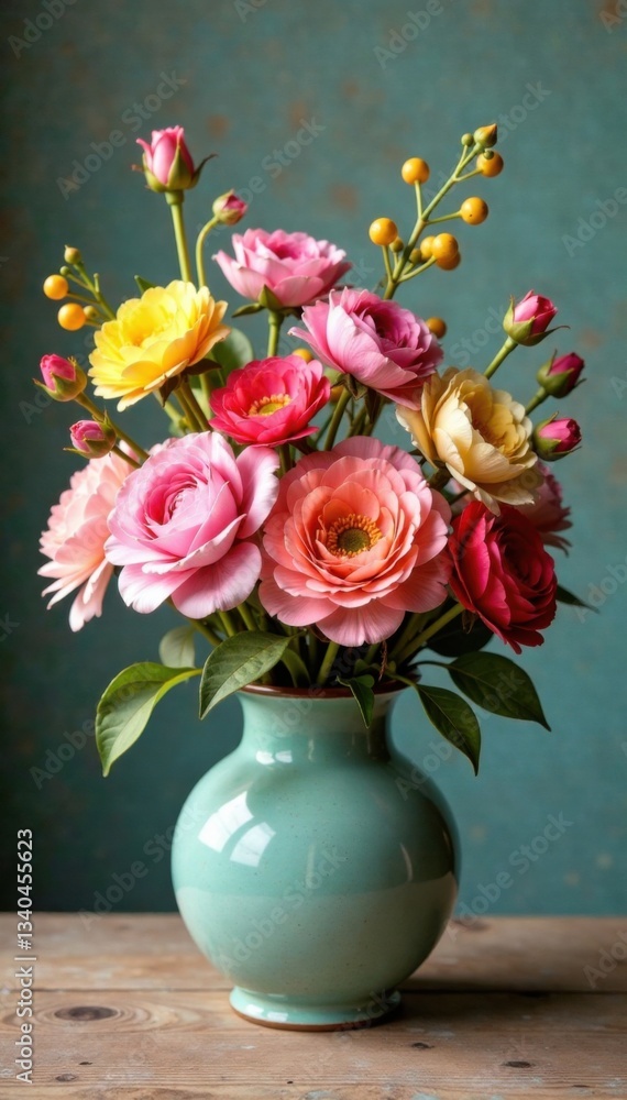 Fototapeta premium Whimsical floral arrangement in a vintage-style vase, garden, bouquet