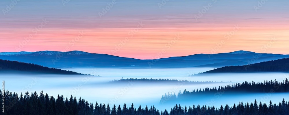 Fototapeta premium Mountain range landscapes idea. Serene morning landscape with mist covering rolling hills at sunrise.
