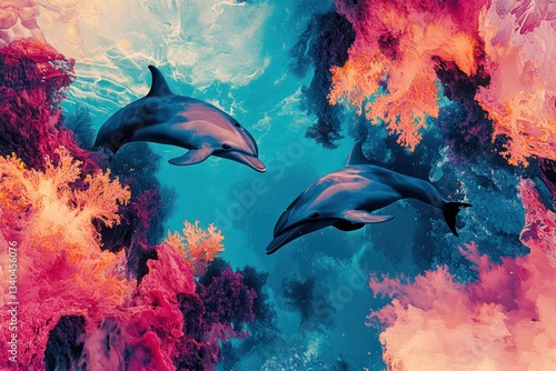 A vivid digital painting of dolphins playing in crystal-clear tropical waters, surrounded by vibrant coral reefs