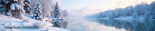 Winter landscape with snow-covered trees and frozen lake, winter, holiday