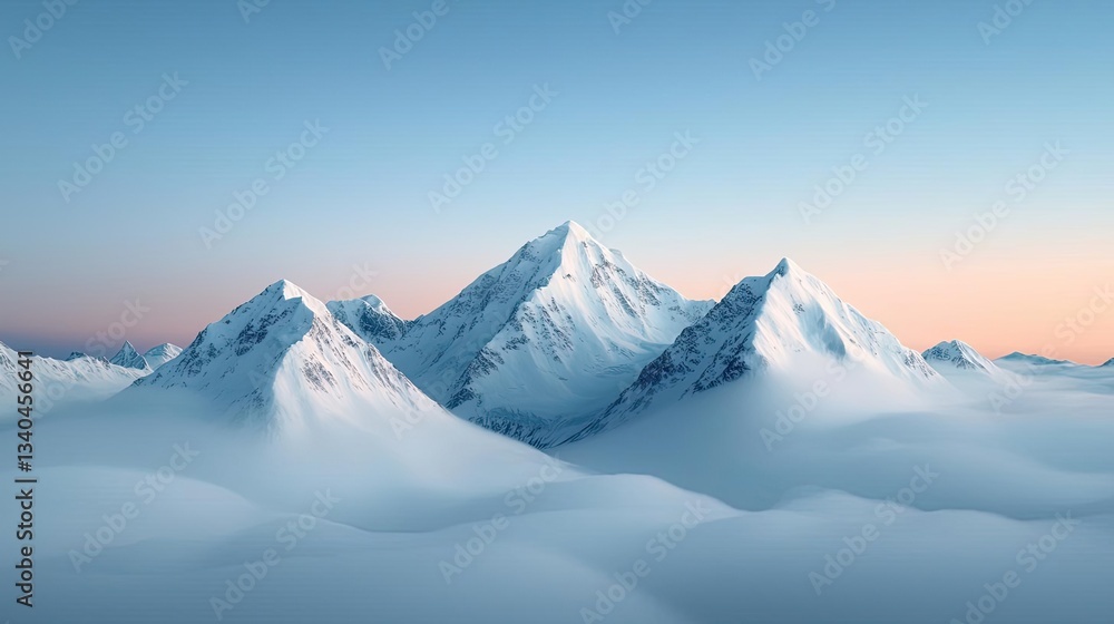 Obraz premium Mountain range landscapes idea. Majestic snow-covered mountains rise above a sea of clouds at sunrise.