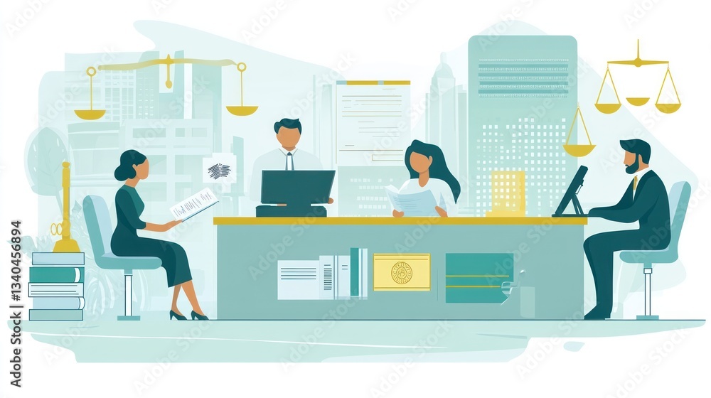 Lawyers meeting in modern office, discussing legal case, background city view, for legal services stock photo Lawyers meeting in modern office, discussing legal case, background city view, for legal services stock photo