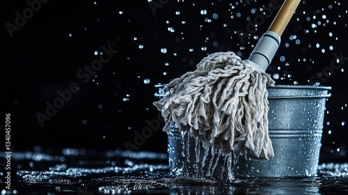 A Mop and Bucket with Water Droplets Visible, Representing Cleaning, Hygiene, and Household Maintenance photo