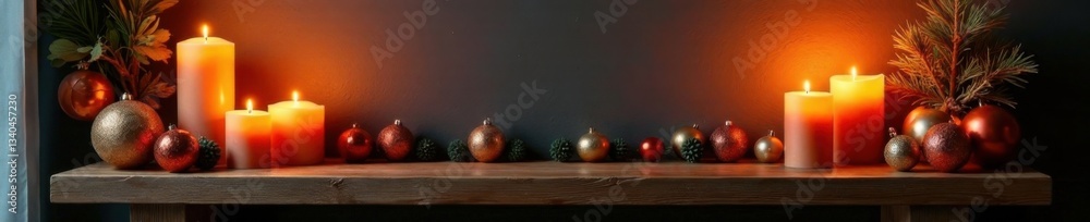 Wooden mantel decorated with candles and ornaments, festive, holiday Wooden mantel decorated with candles and ornaments, festive, holiday